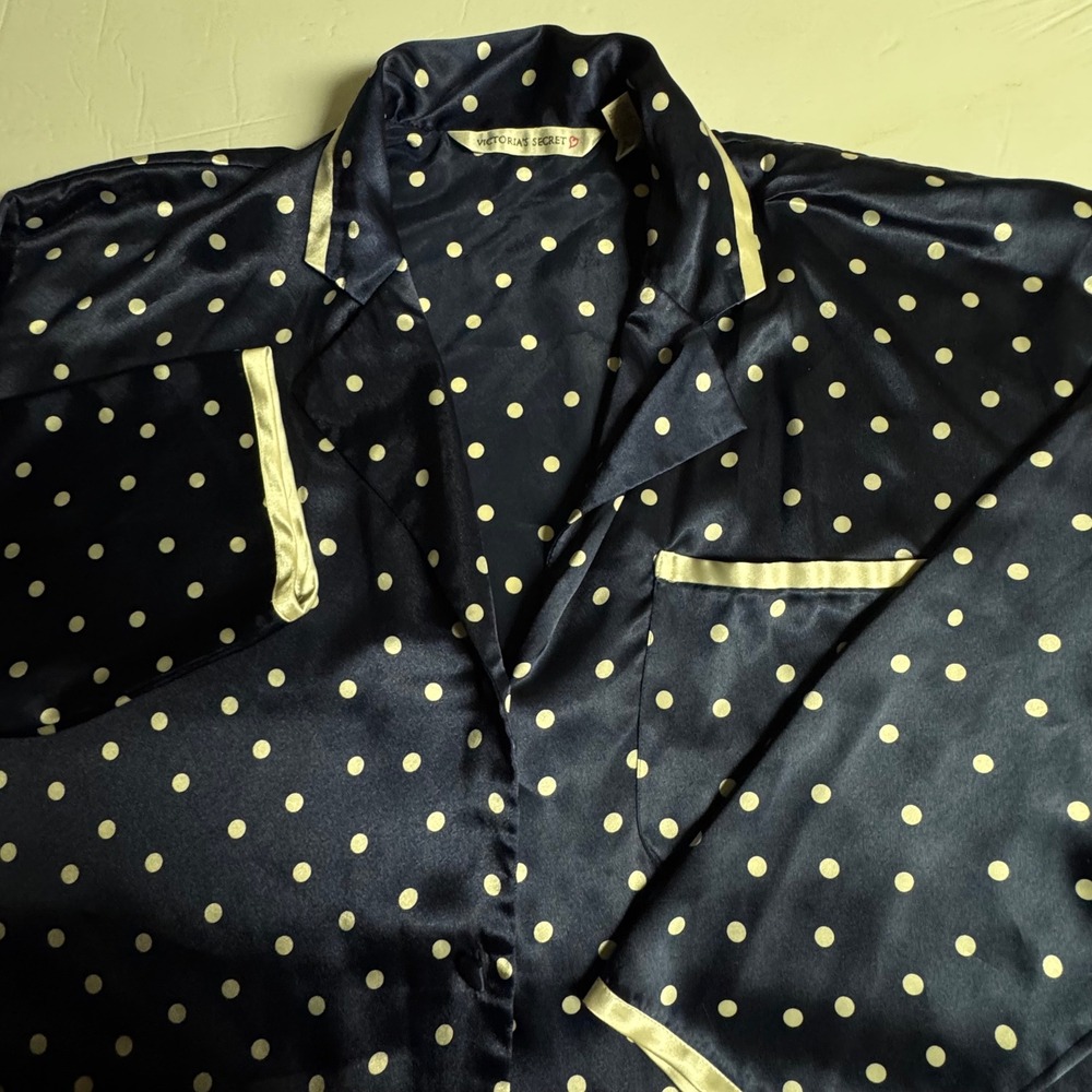 Victoria's Secret Navy Blue Polka Dot Satin Pajama Top Sleep Shirt‎ Women's S